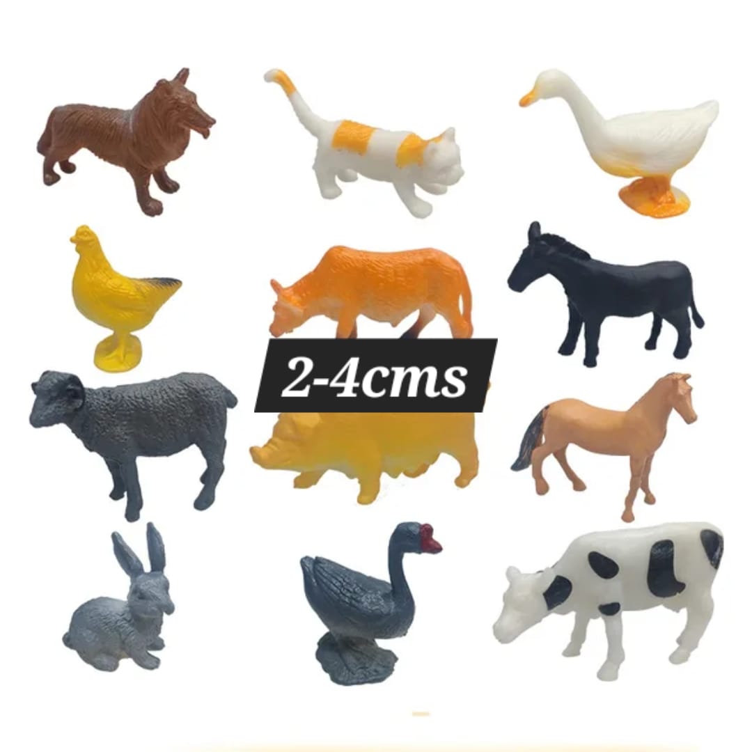 12 piece farm animal toy set with realistic figures including cow, pig, horse, goat, dog, cat, duck, goose and rooster on white background
