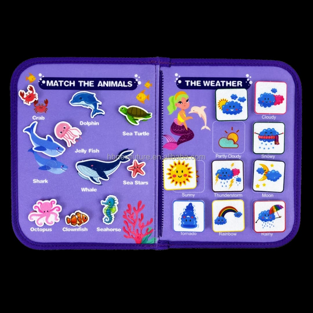 Open Montessori busy book displaying various interactive activities, including buttoning, zipping, and matching shapes