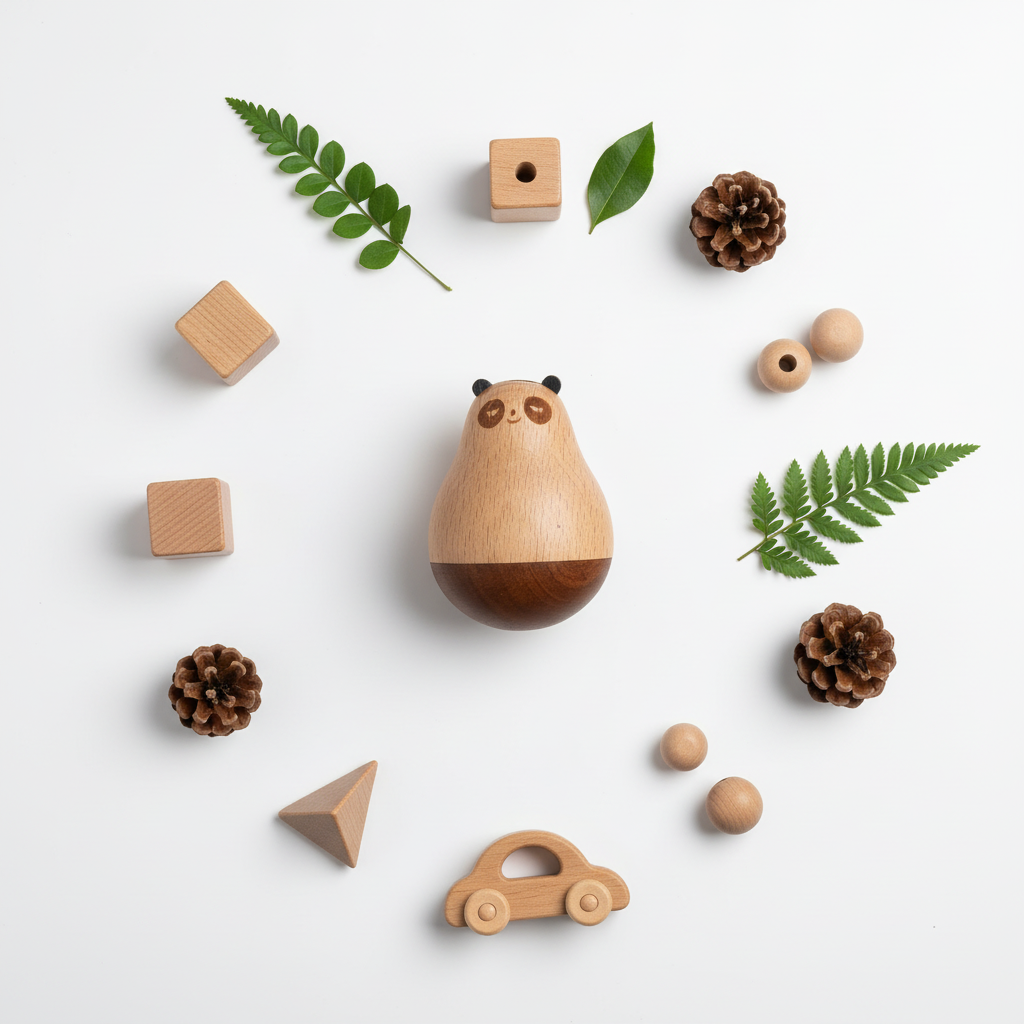 Flat lay wooden panda toy