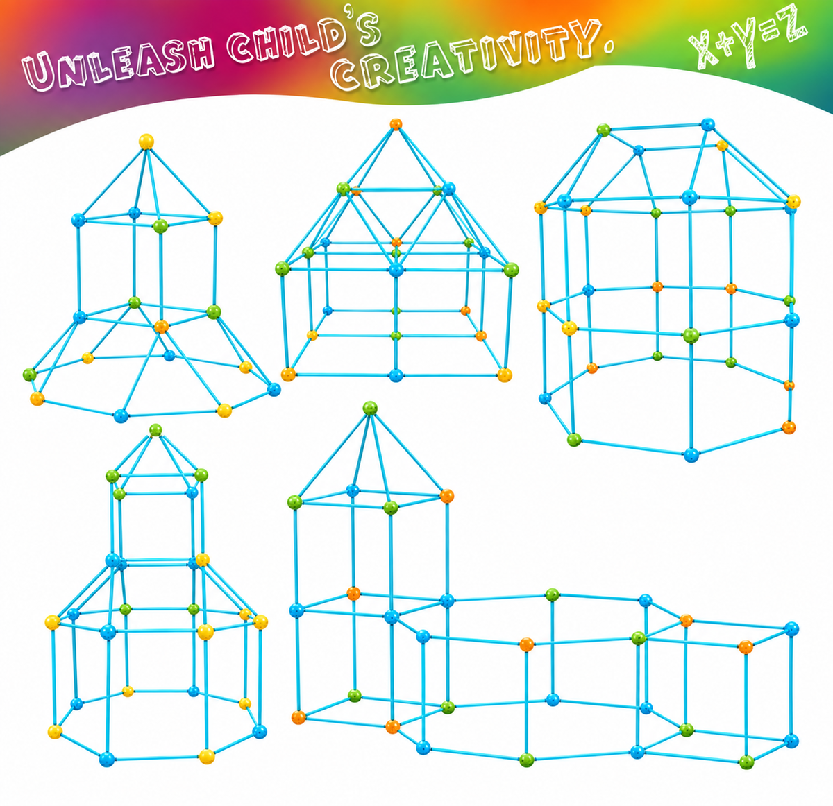 A white background featuring six geometric wireframe structures made of bright blue lines with small yellow, green, and blue dots at the vertices. A rainbow banner across the top reads 'UNLEASH CHILD'S CREATIVITY.