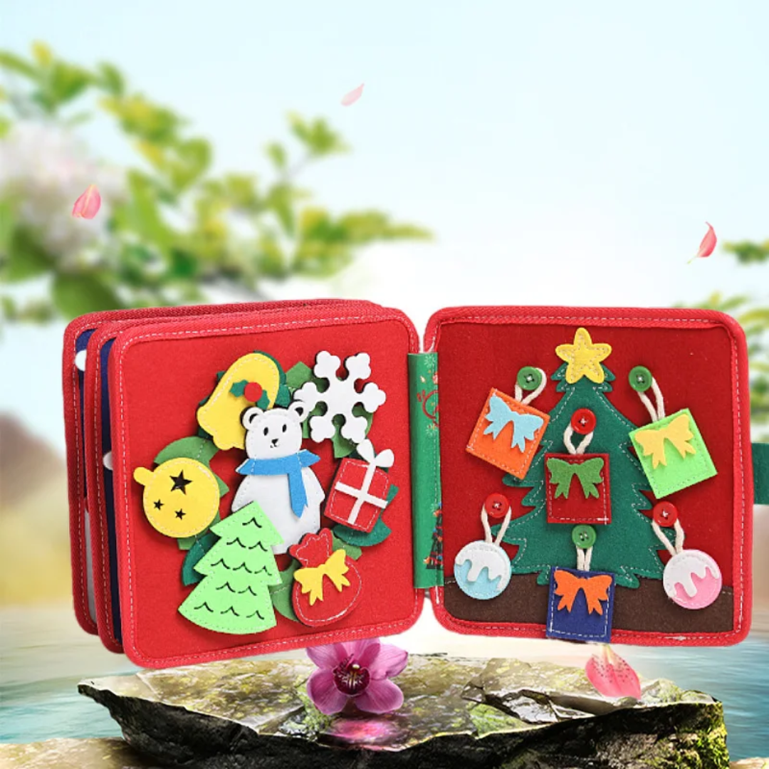 Holiday-themed felt busy book with movable felt pieces for toddlers
