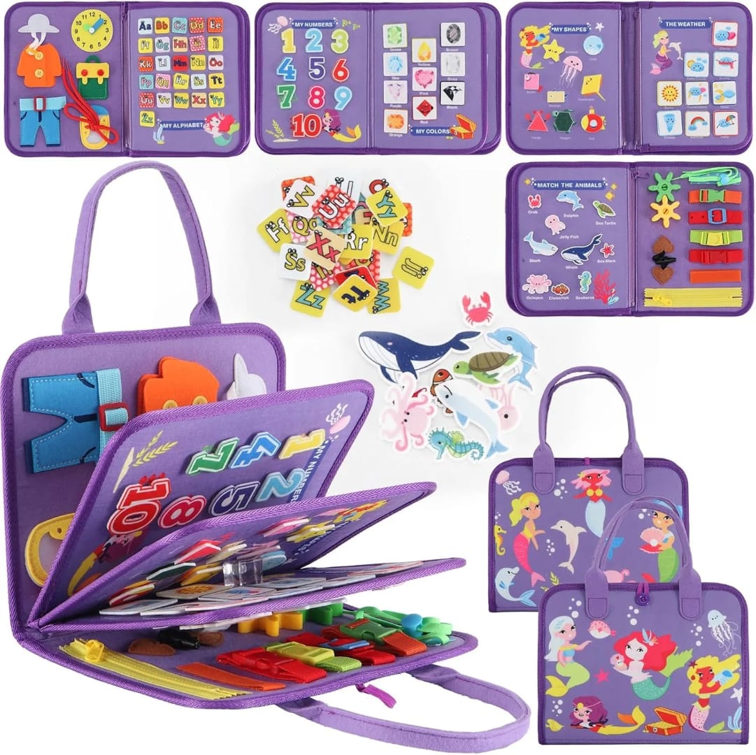Close-up of a counting activity page in the fairy busy book, with beads and numbers for early math learning