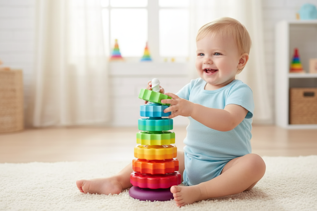 Kid Playing with Rainbow Tower