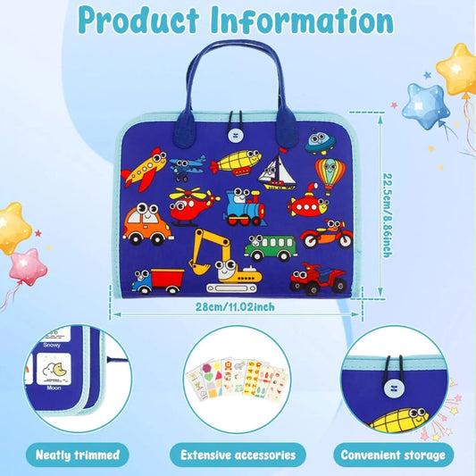 Vehicle-themed busy board with interactive toddler activities