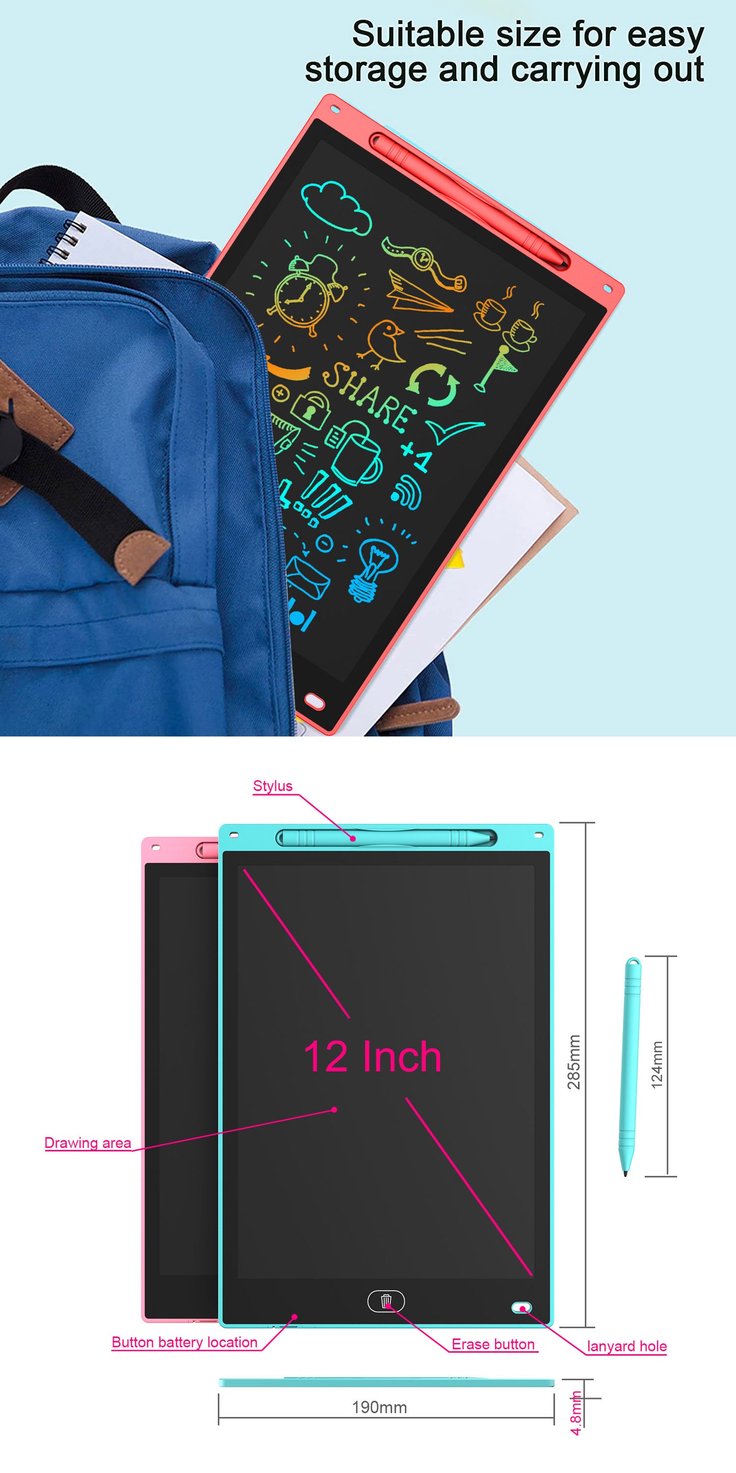 LCD Writing Tablet 12-inch – Multi-Color Digital Screen Drawing Board