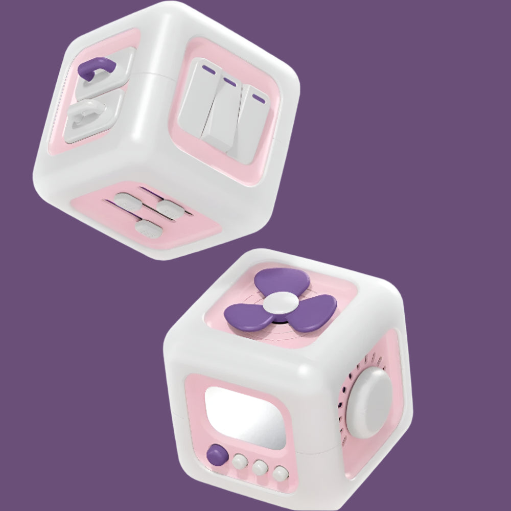Close-up of Montessori busy cube’s mirror, twist timer, and regulator
