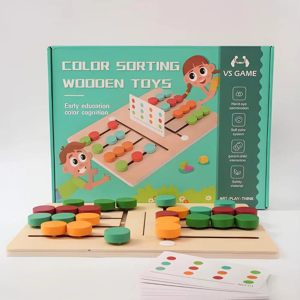 Color sorting wooden toys with packaging on a white background