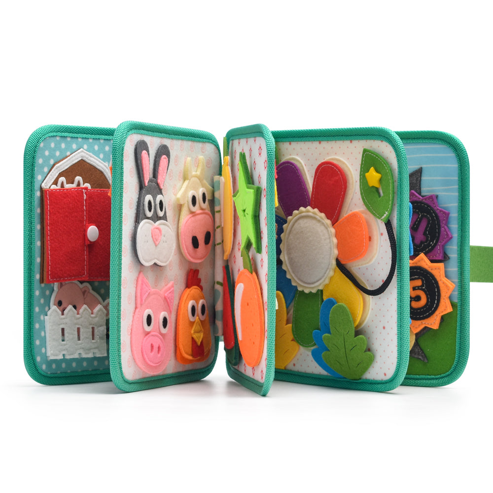 Interactive farm learning book with lacing, counting and hands-on activities for toddlers.
