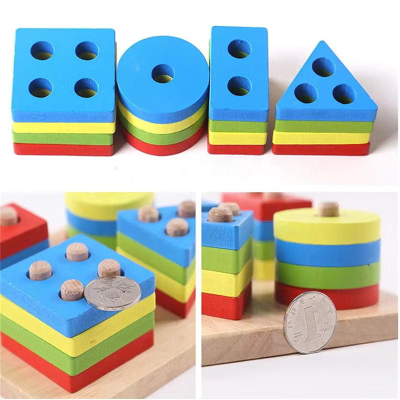 Colorful geometric stacking blocks with wooden base
