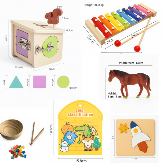Bright Minds Box Montessori toy kit for toddlers 19–24 months with latch box, wooden xylophone, animal figure, sorting game, and puzzles.
