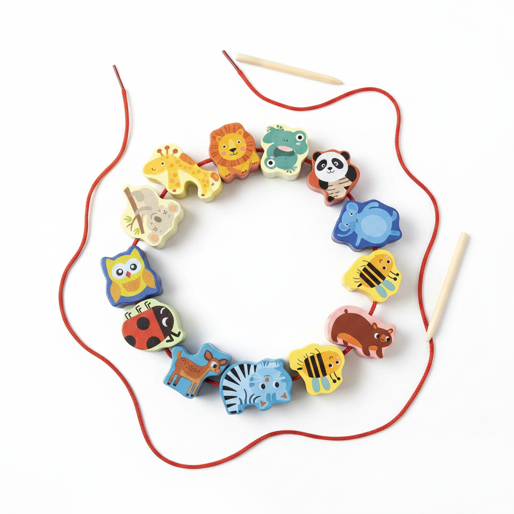 Colorful wooden animal beads on a string with two sticks against a white background
