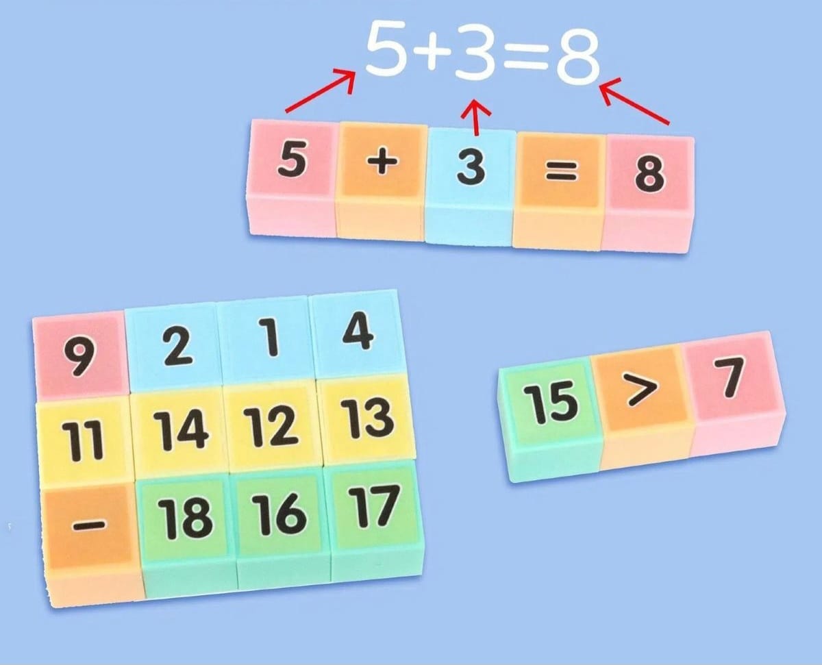 Pastel magnetic geometry blocks arranged to demonstrate 3D spatial orientation with front, side, and top perspective views