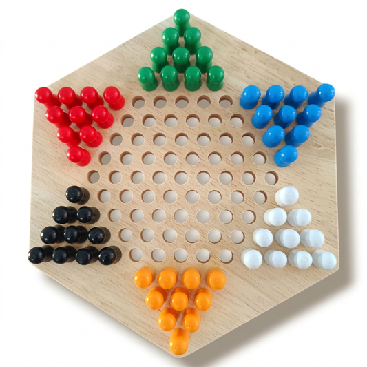 Wooden Chinese checkers game set with a star-shaped board and colourful playing pegs