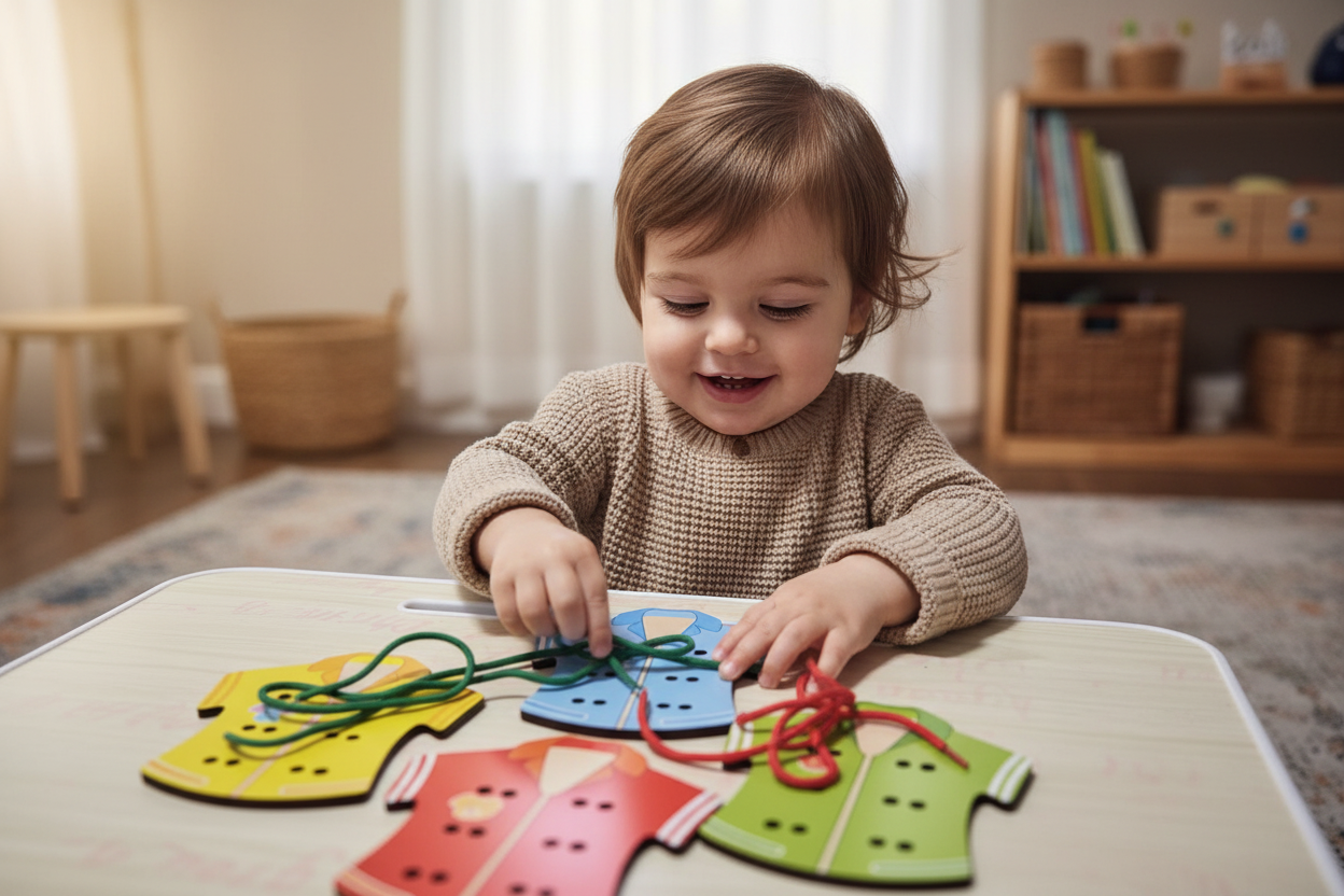 Child playing with colorful educational puzzle on a table in a home setting.
