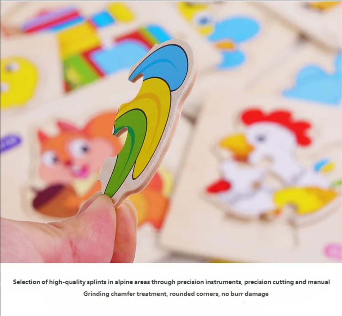 Colorful wooden puzzle piece held by a hand with a blurred puzzle in the background