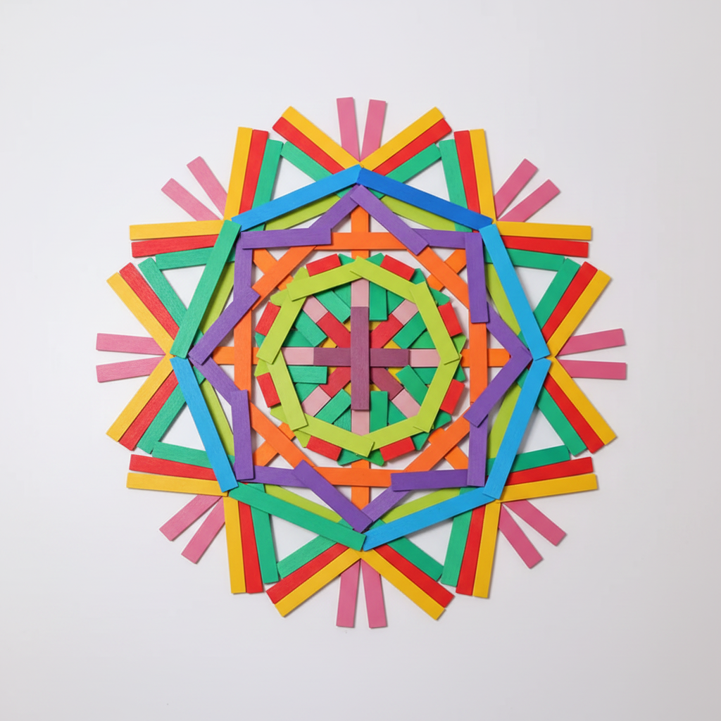 Colorful paper craft with geometric design on a white background