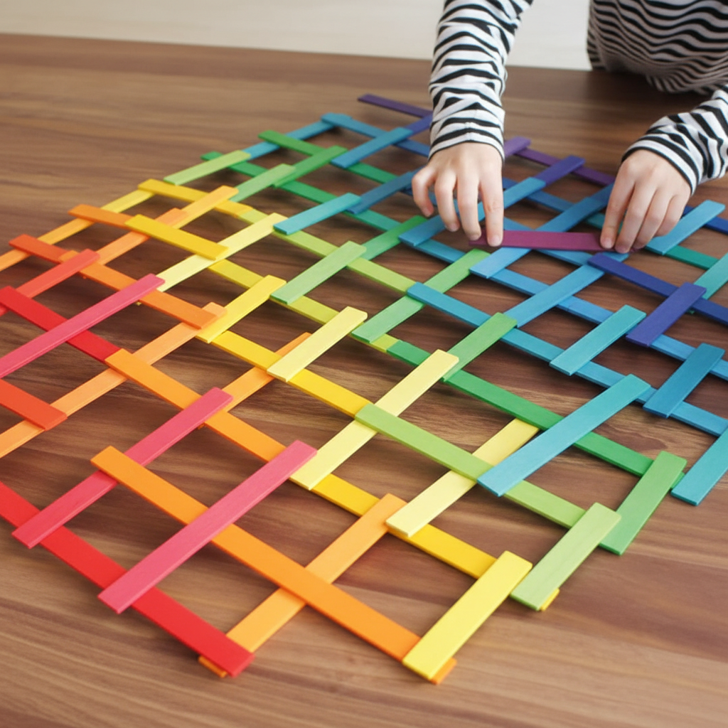 Colorful interlocking wooden toys on a wooden surface with a child's hands interacting with them.