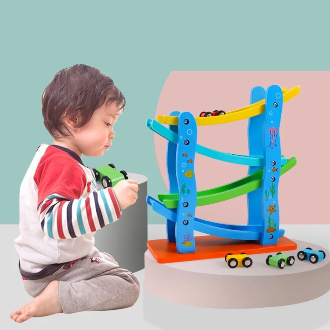 Wooden race track with vehicles