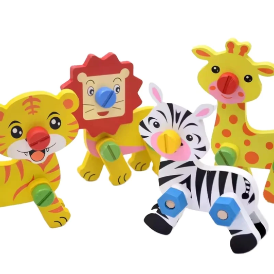 Wooden Animal DIY Construction Toy Kit – Lion & Giraffe / Tiger & Zebra | Screws & Nuts Puzzle Set for Kids (3+ Years)
