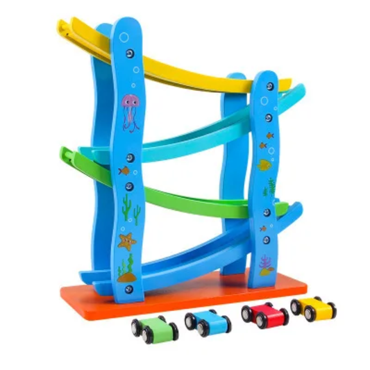 Wooden race track with vehicles
