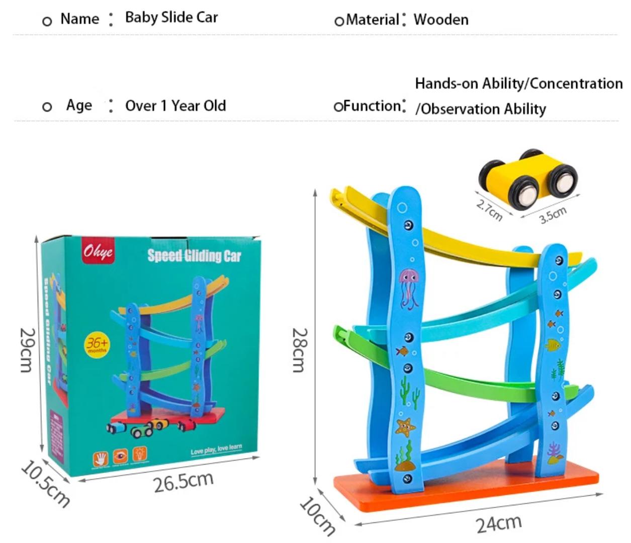 Wooden race track with vehicles