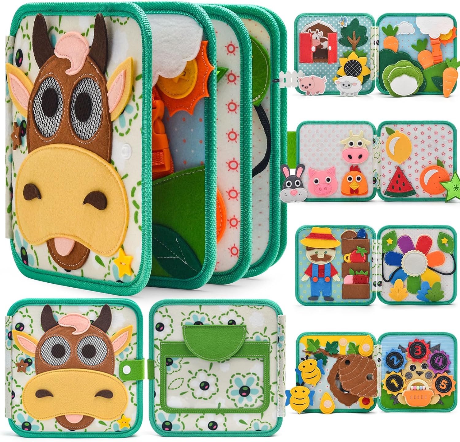 Portable farm busy book designed for toddler travel, early learning and motor skill development.
