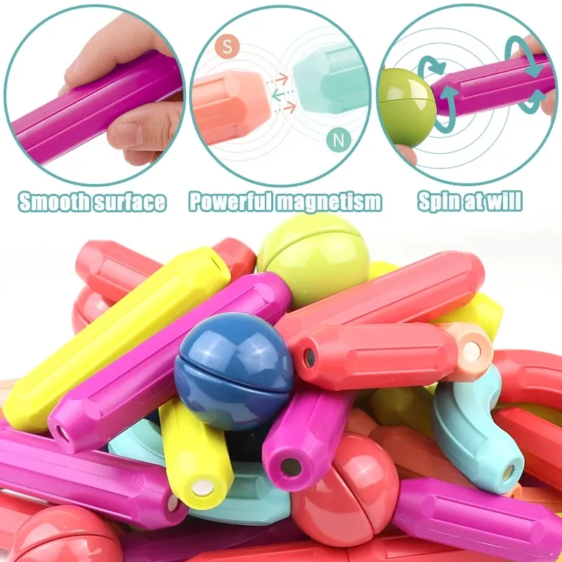 64-Piece Magnetic Building Blocks Set - Magnetic Bars and Balls Construction Toy for Kids