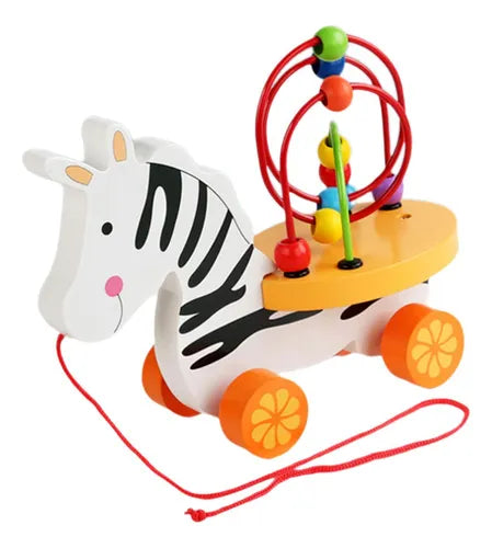 Wooden Zebra Pull Along Toy with Bead Maze