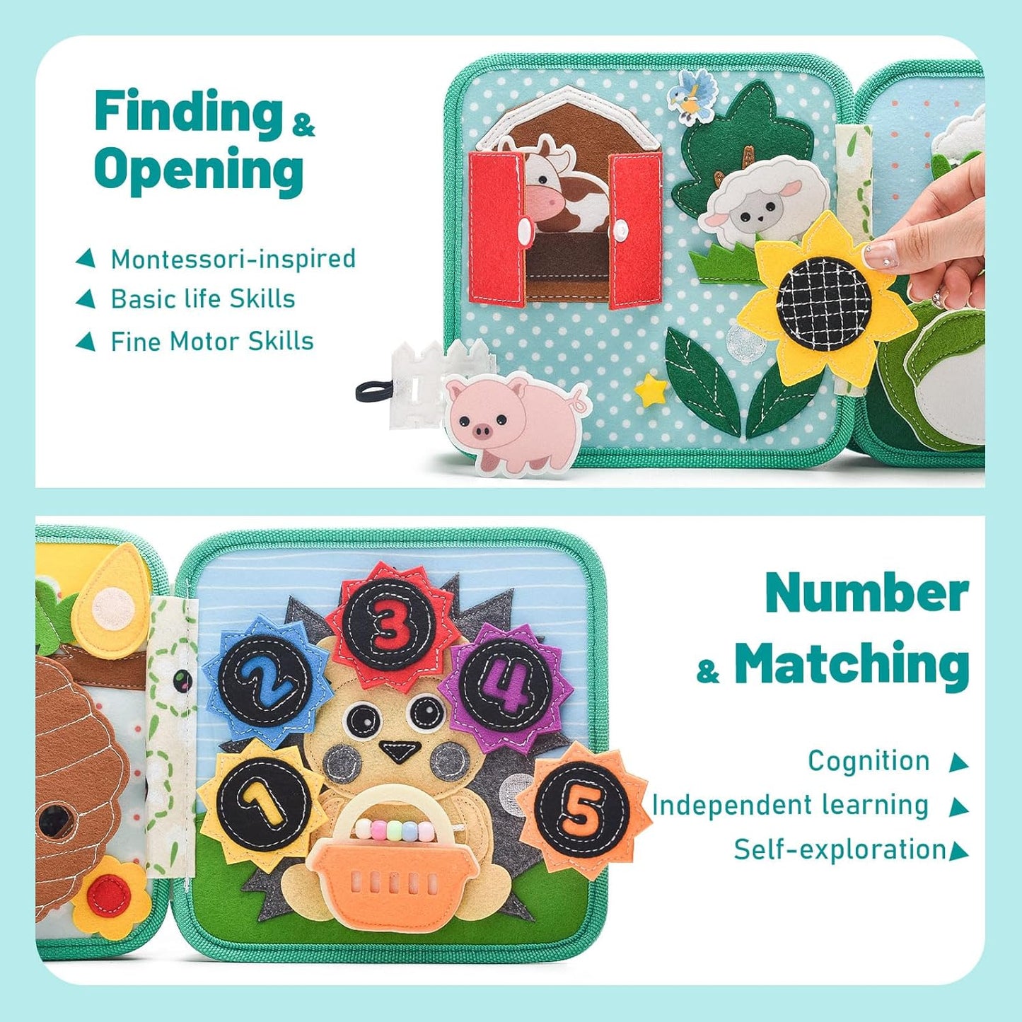 Educational toddler farm busy book with Velcro pieces for matching and problem-solving.
