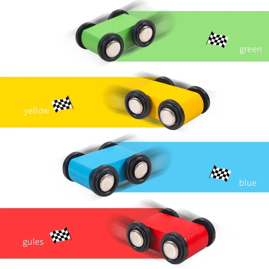 Wooden race track with vehicles