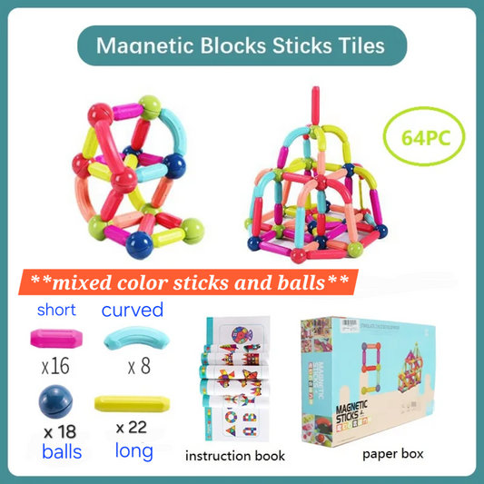 64-Piece Magnetic Building Blocks Set - Magnetic Bars and Balls Construction Toy for Kids
