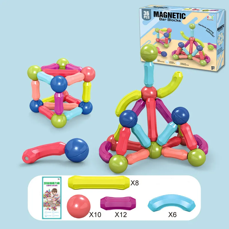 64-Piece Magnetic Building Blocks Set - Magnetic Bars and Balls Construction Toy for Kids