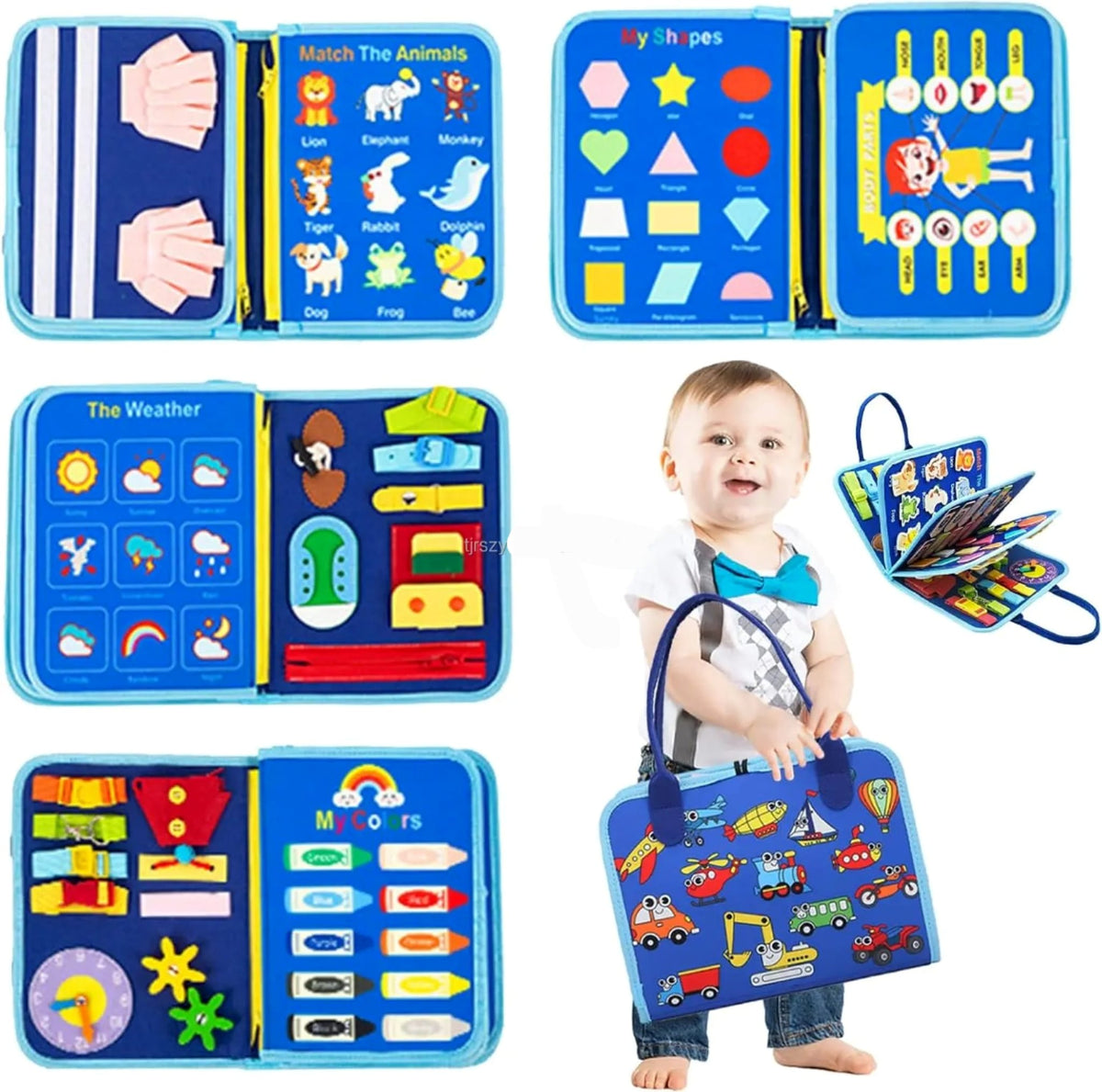 Toddler busy board featuring a vehicle-themed design