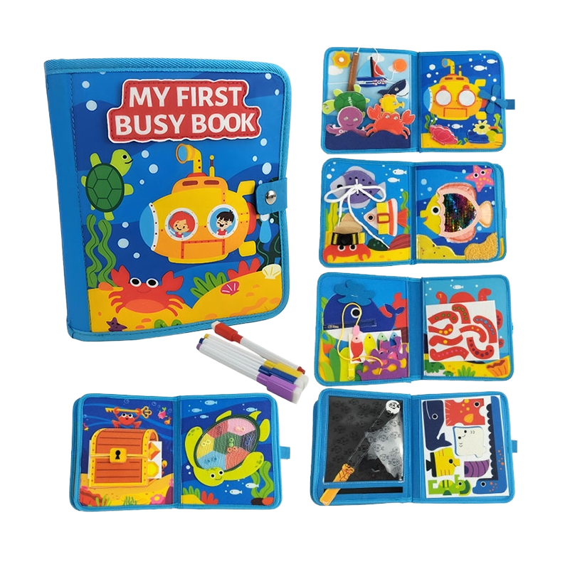 Sea-Themed Felt Busy Book cover for toddlers with colorful animals and letters
