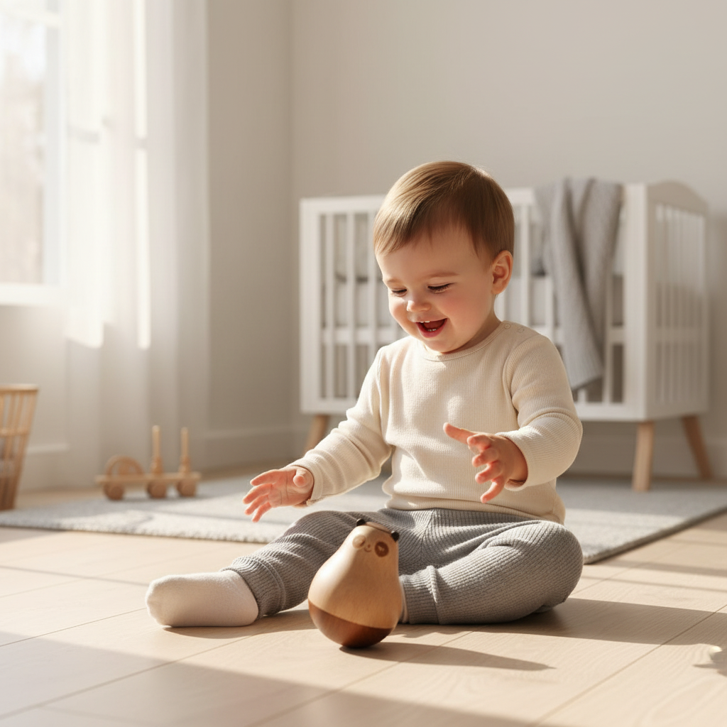 Toddler playing with wooden panda roly-poly