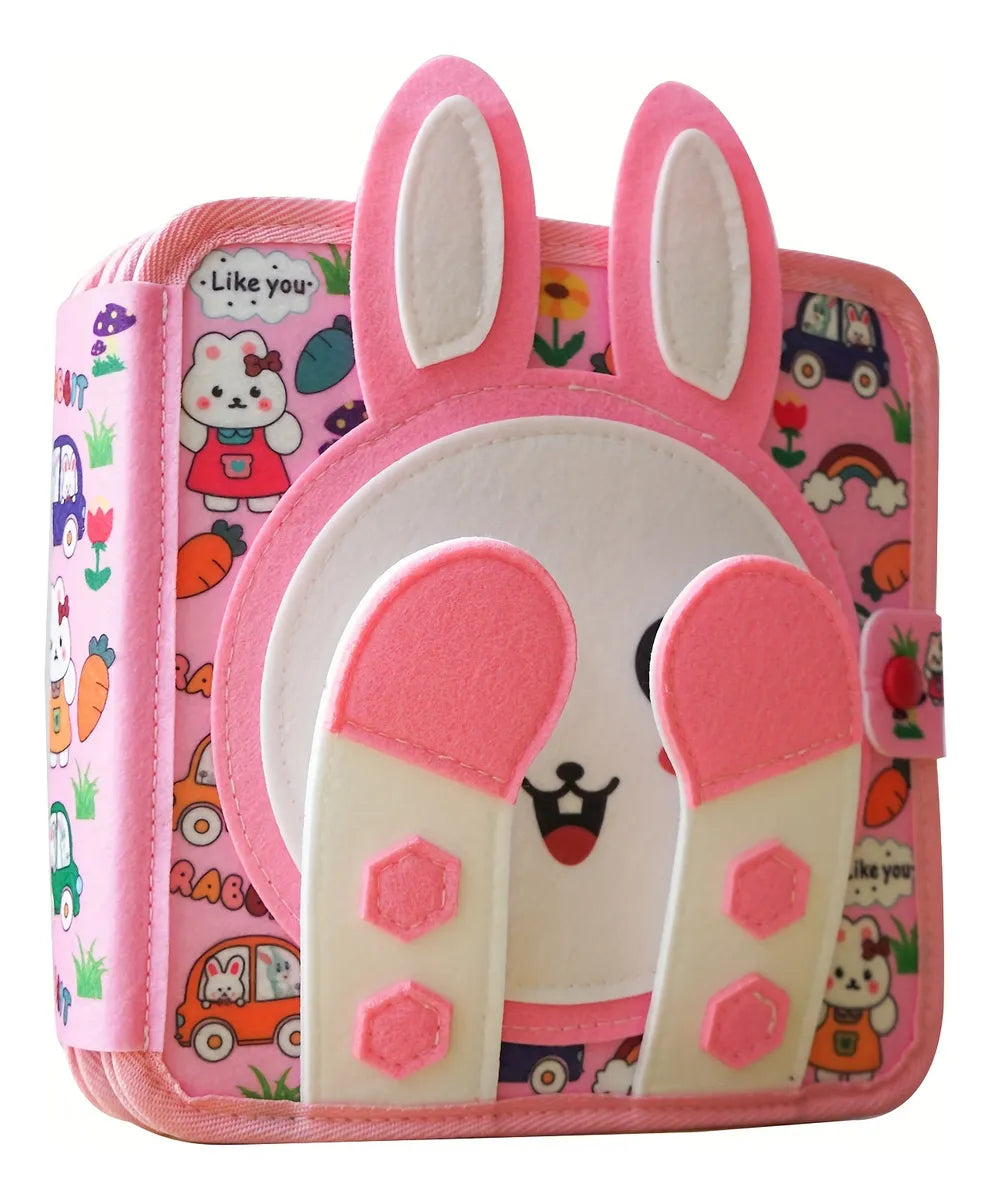 Soft felt bunny busy book supporting early learning, coordination and imaginative play.
