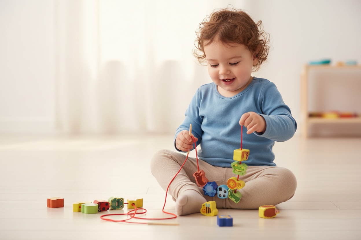 Child playing with colorful building blocks on a light wooden floor.