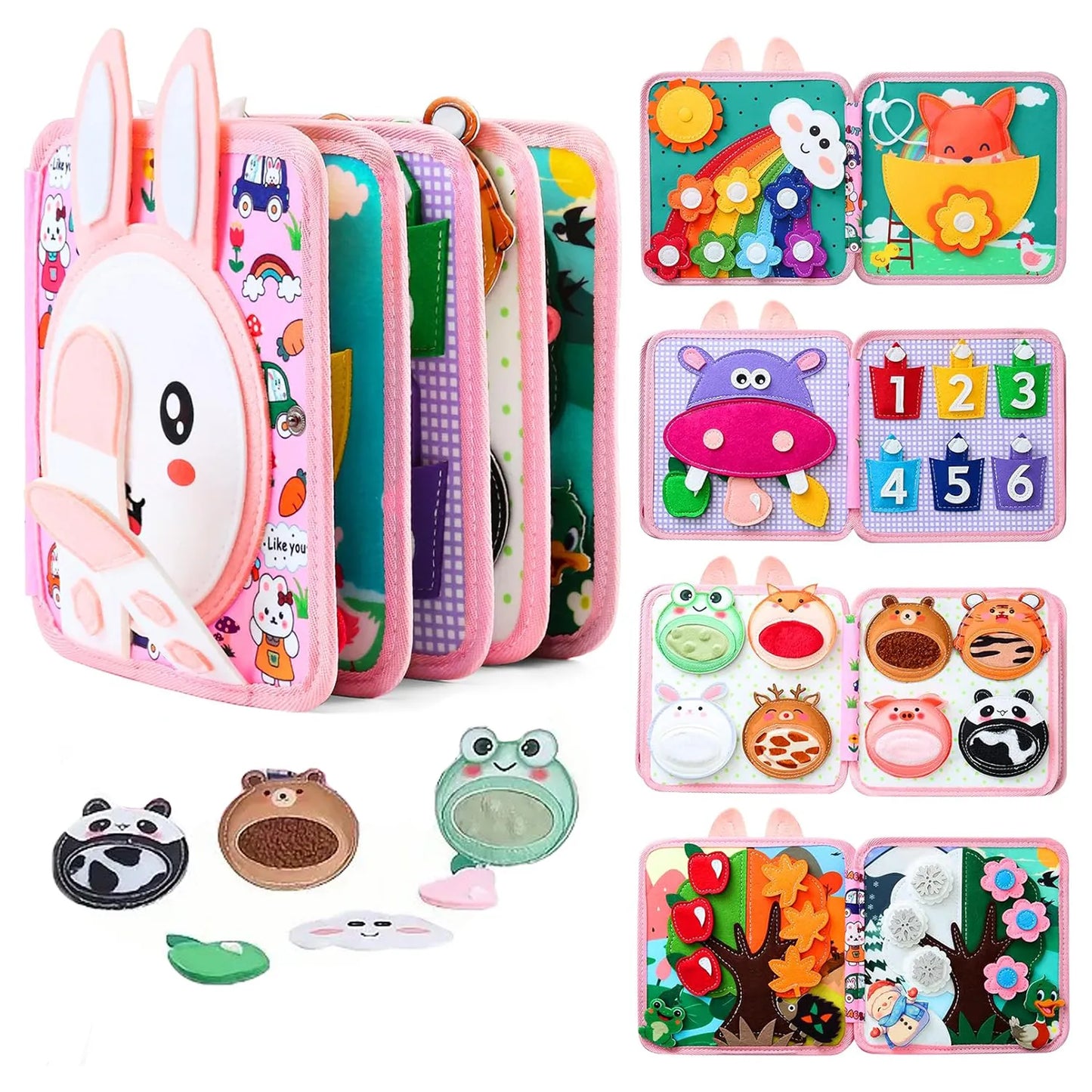 Quiet book for toddlers featuring bunny pages, matching tasks and fine motor skill practice.
