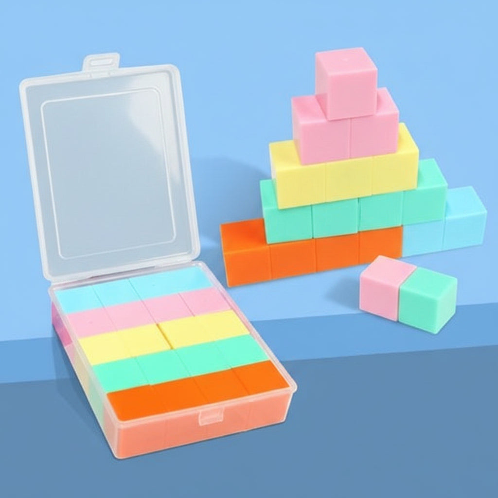 A compact travel case filled with 20 pieces of colorful, interlocking magnetic cubes for toddlers and preschoolers.