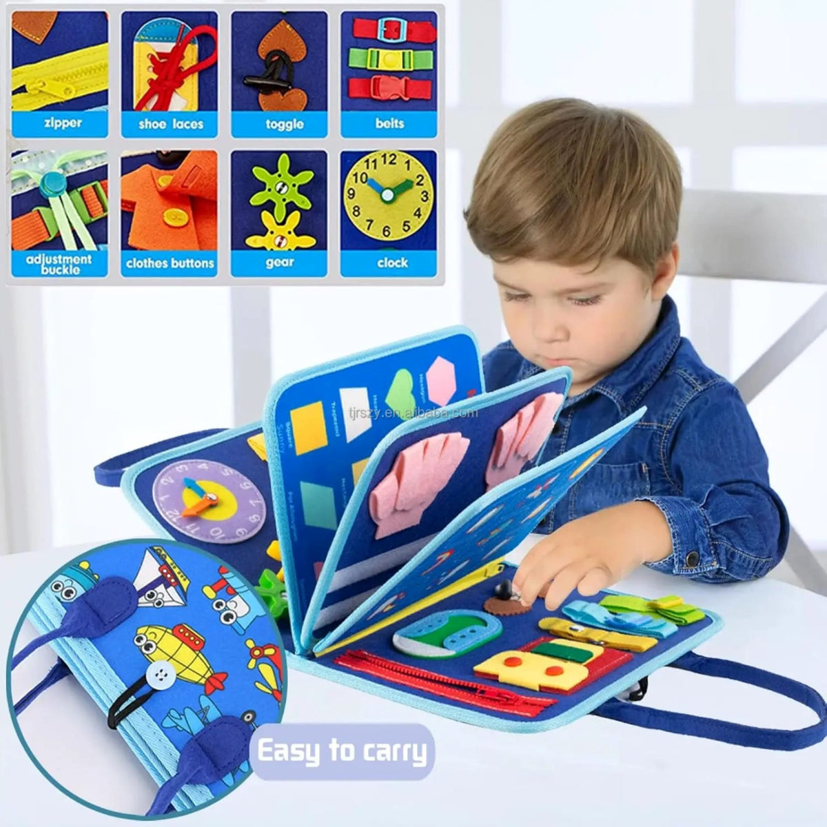 kid playing with vehicle themed busy book
