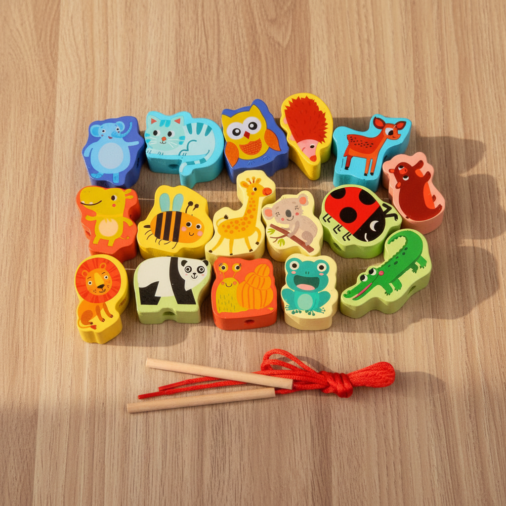 Set of colorful animal-shaped wooden blocks on a wooden surface