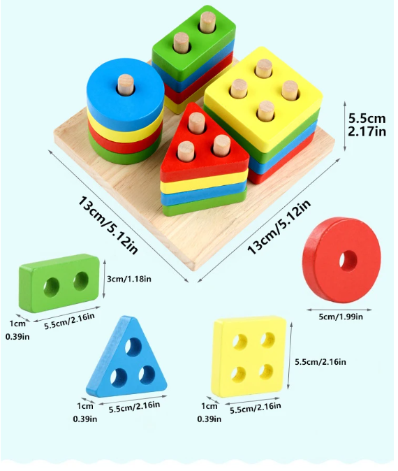 Toddler playing with wooden shape sorter on a white background
