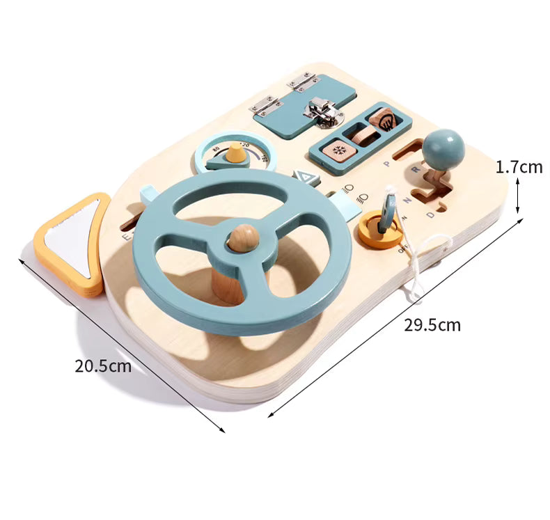 Buttons, switches and speedometer-style dial on the wooden car dashboard toy