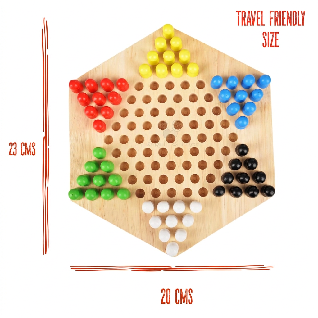 Colourful wooden Chinese checkers pegs in red, green, yellow, blue, white and black