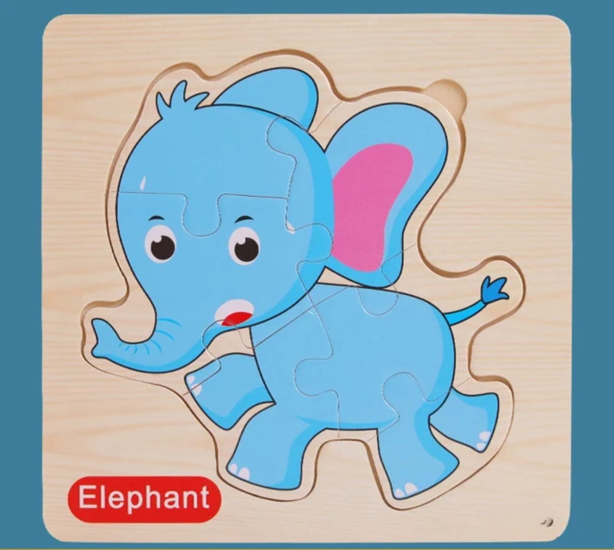 Wooden puzzle of a blue elephant with a red 'Elephant' label on a beige background