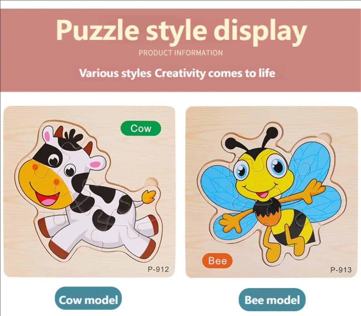 Two wooden puzzles, one of a cow and one of a bee, on a beige background with text about puzzle style display.