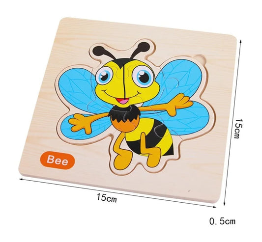 Wooden bee puzzle with measurements on a white background