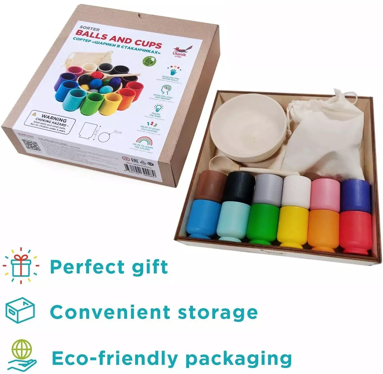 Montessori Wooden Cups & Balls Set – Color Sorting Toy for Toddlers