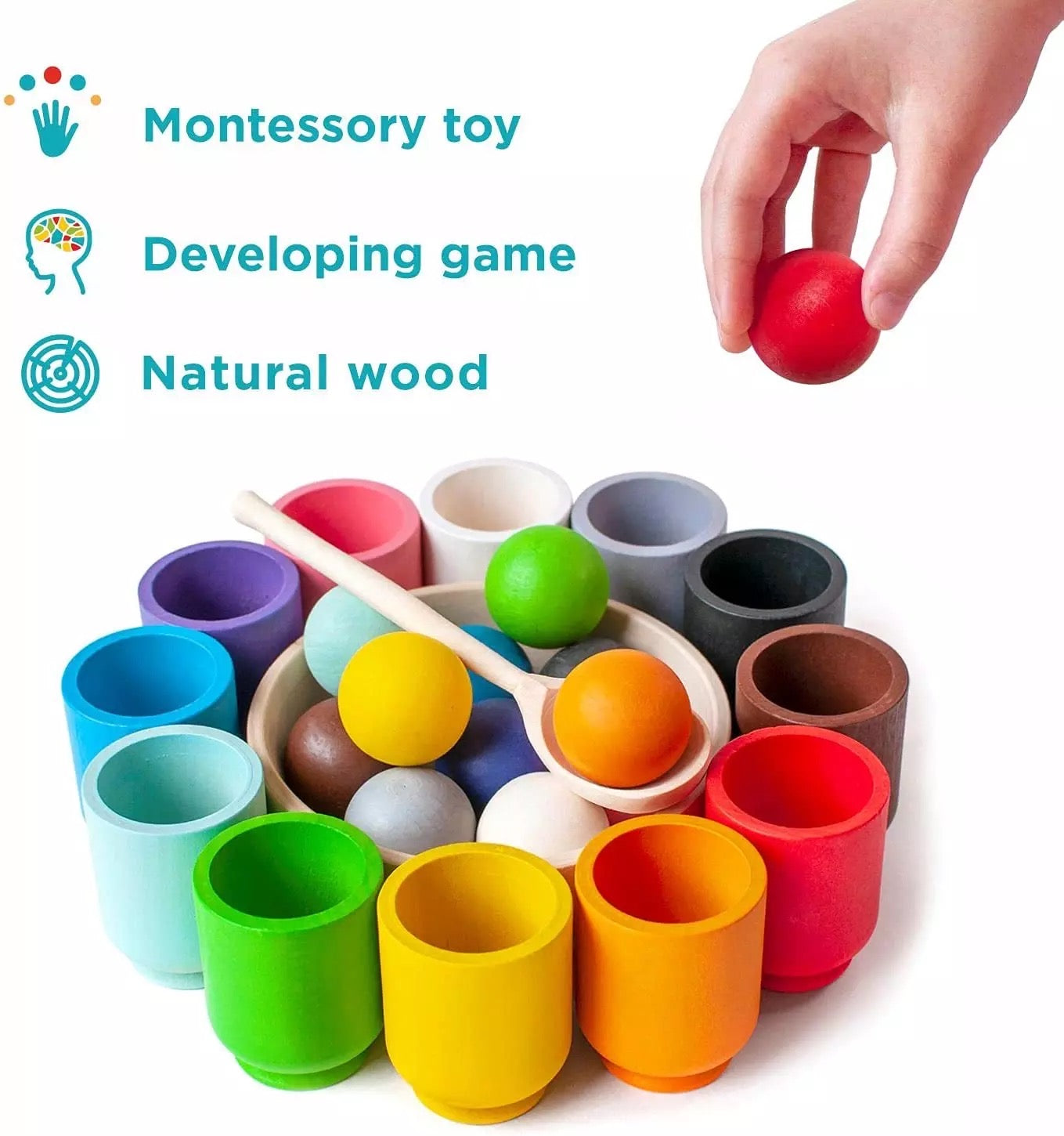 Montessori Wooden Cups & Balls Set – Color Sorting Toy for Toddlers